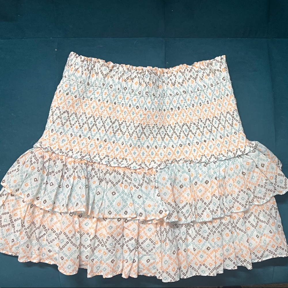 LOFT Mini Skirt with Orange and Blue Geometric Print Cotton Ruffles 260009